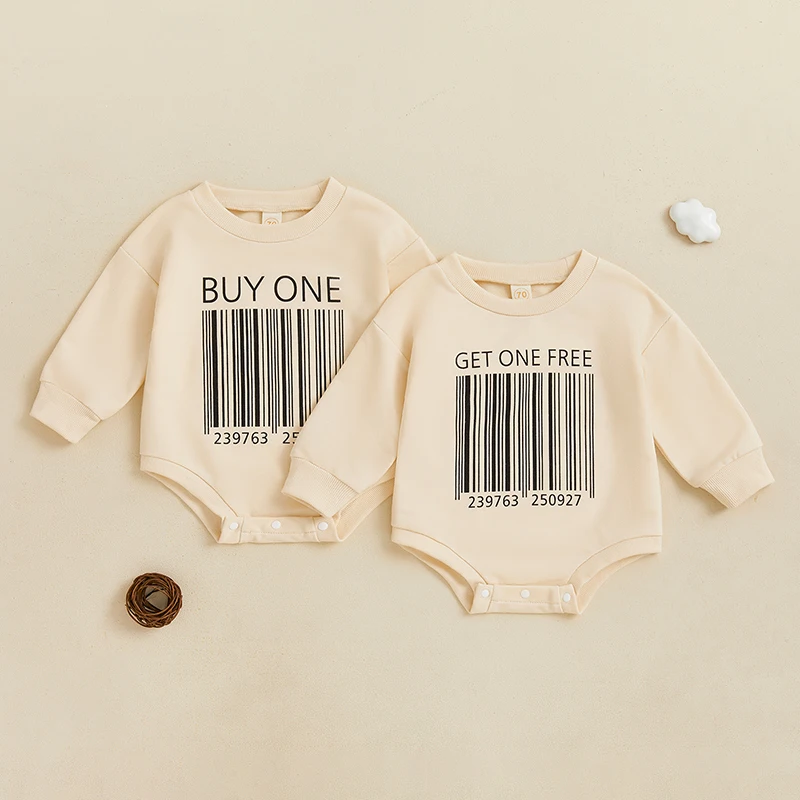 Bebê Meninos e Meninas Barcode Print Letter Macacão, Bodysuits Toddler Fall, gola redonda, manga comprida, roupas gêmeas, moletons, 0-18M