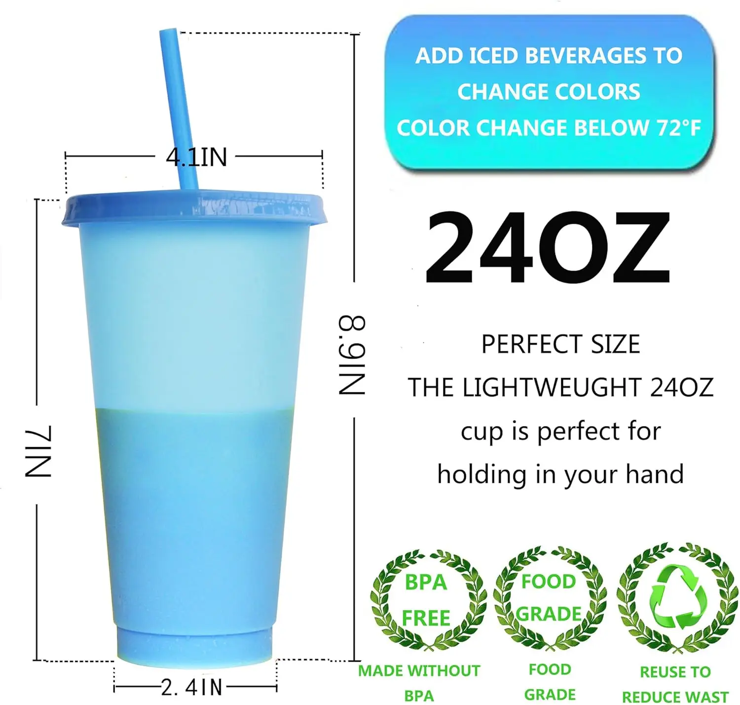 Pack of 3 Plastic Cute Cold Cups with Lids and Straws  for Iced Drinks 24 oz Color Changing Reusable for Adults Kid Women Party view 3