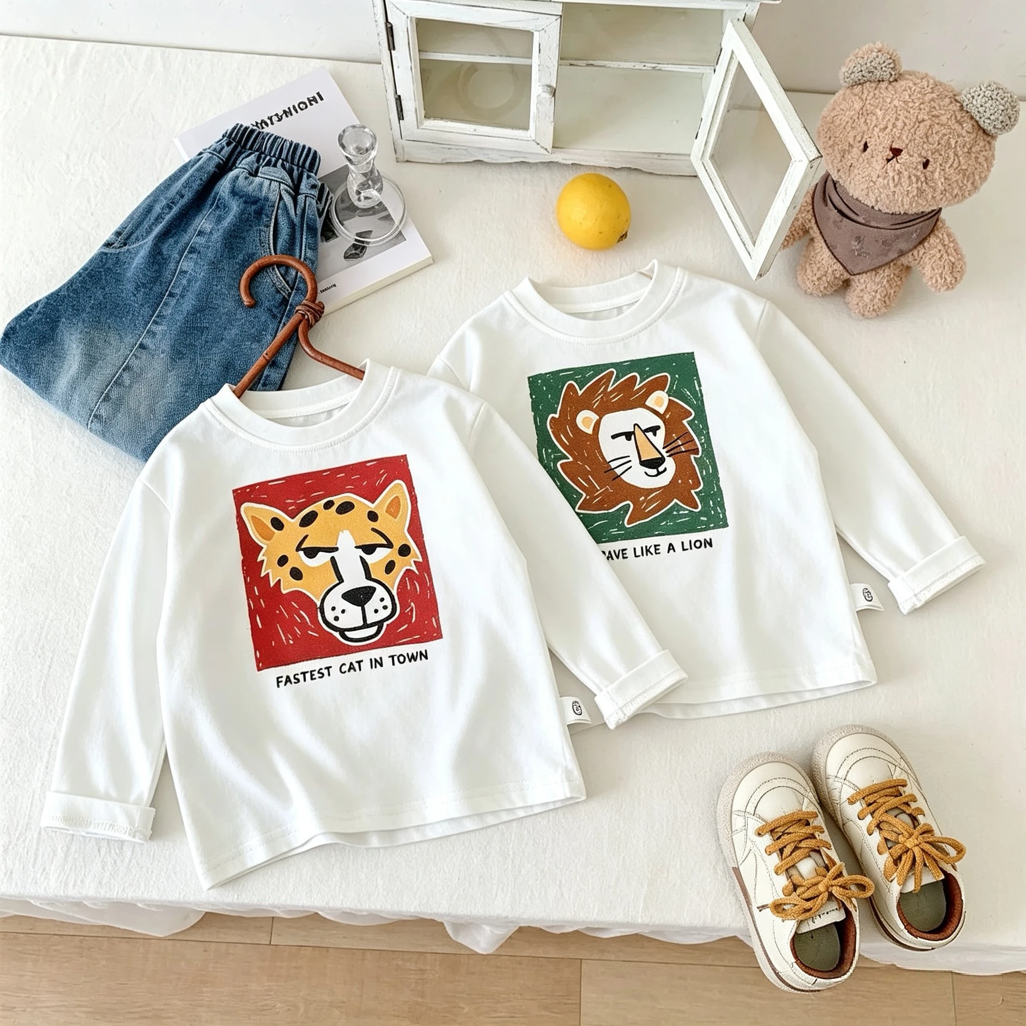 Animal Pattern Boys Long Sleeve T-shirt Spring New Style Children's Clothes Casual Base Shirt Tops Round Collar Pullover Blouse