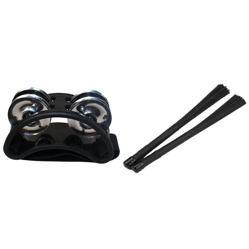 Percussion Foot Tambourine With Metal Jingles With 2Pcs Cajon Brush Telescoping Drum Brushes Nylon Sticks Percussion