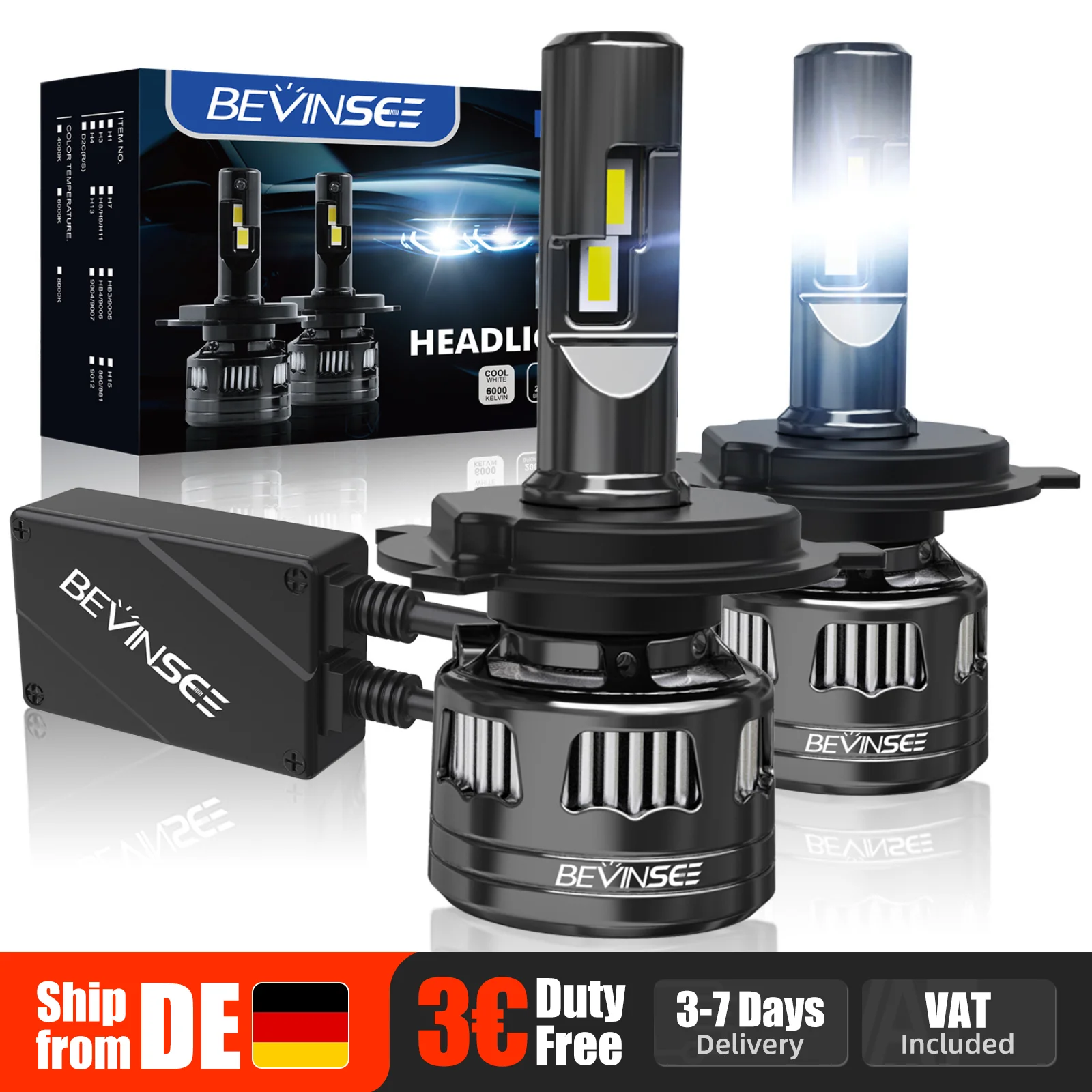 BEVINSEE H4 LED-Scheinwerferlampen Fern-/Abblendlicht Hochleistung 120W 22000LM Superhell CANBUS Fehlerfrei 6000K Weiß H4 LED Autolampe 12V