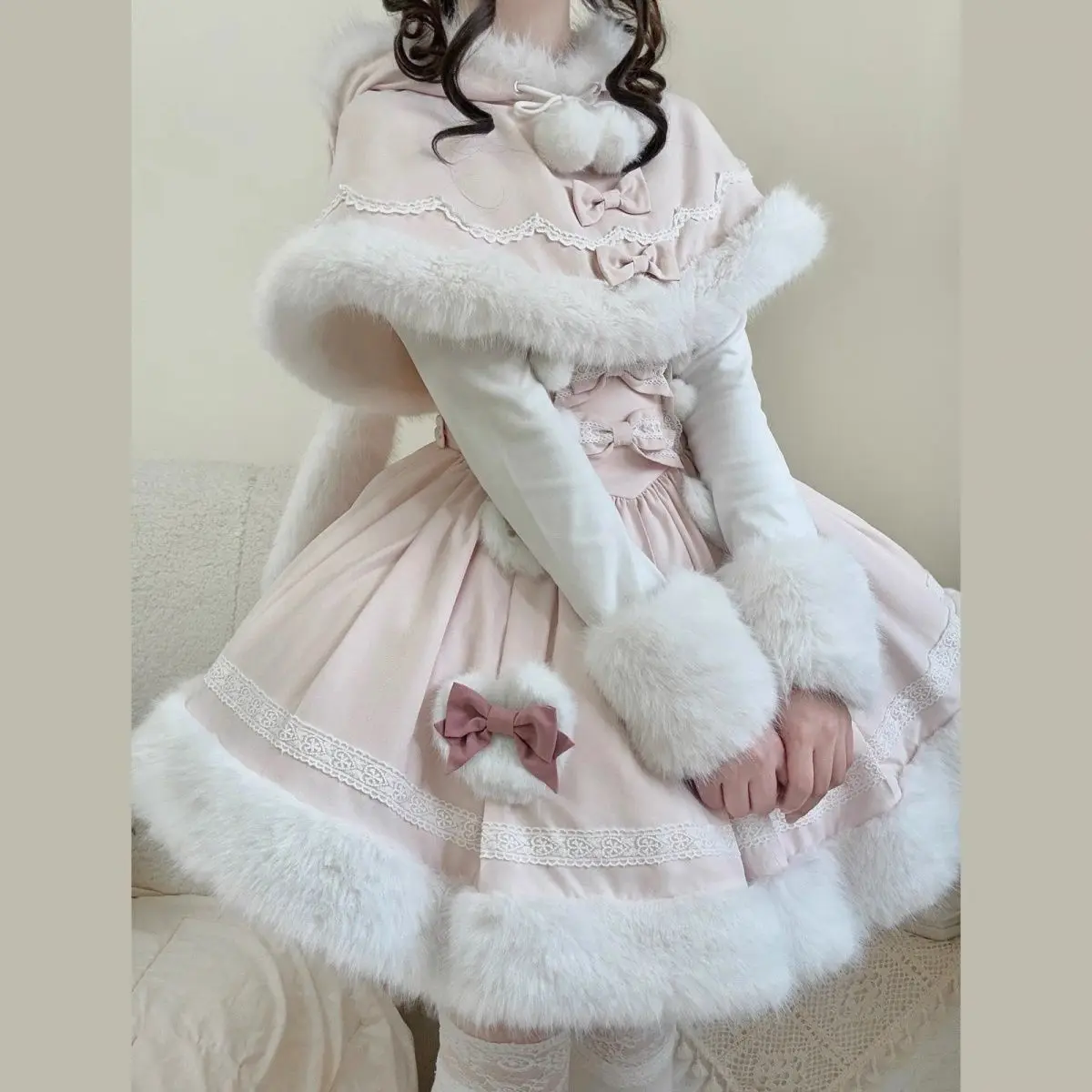 New Y2K Harajuku Sweet Winter 2Pcs Set Women Design Rabbit Ear Cloak Coat + Pink Strap Skirts Japanese Bow Lovely Outfits Gifts