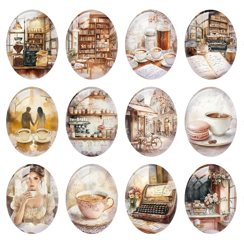 Random Mixed Round/Oval/Square French Vintage Café Afternoon Photo Glass Cabochon Flatback Demo Cameo For Diy Jewelry Making