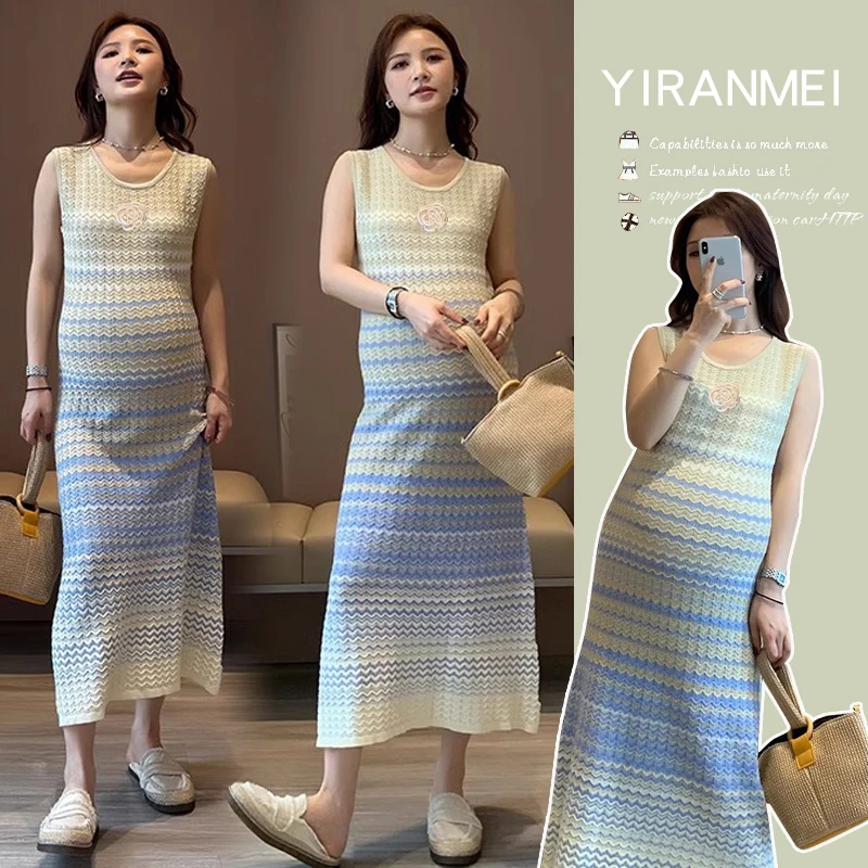 Охлаждающее платье для беременных в корейском стиле без рукавов с круглым вырезом в полоску, прямое вязаное платье для беременных, тонкое платье-майка