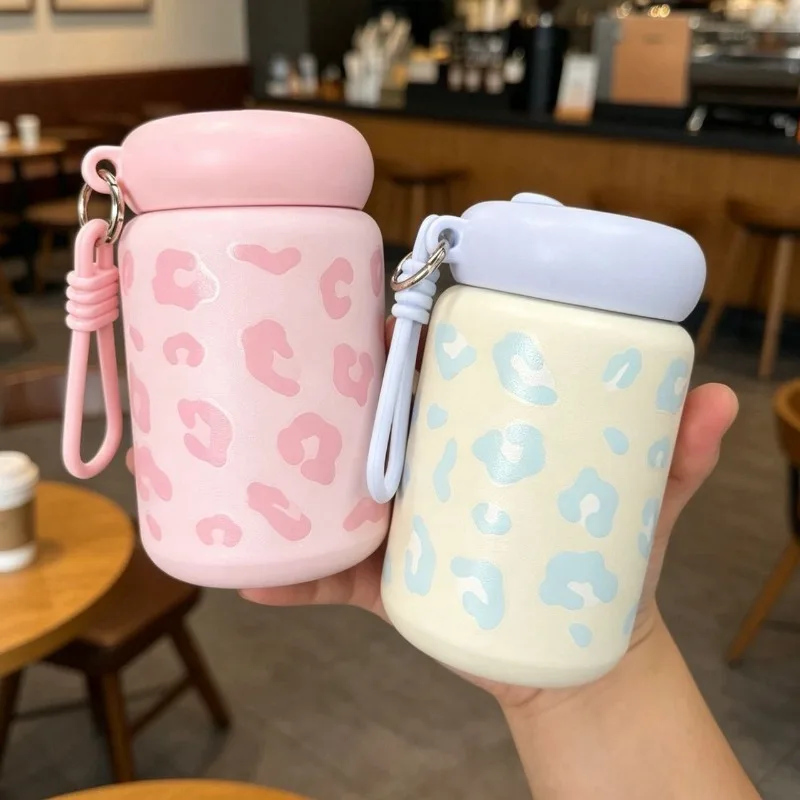 350ml Portable High-value Leopard Print Water Cup with Lifting Rope, Mini Car Carrying Cup, 304 Stainless Steel Insulated Cup