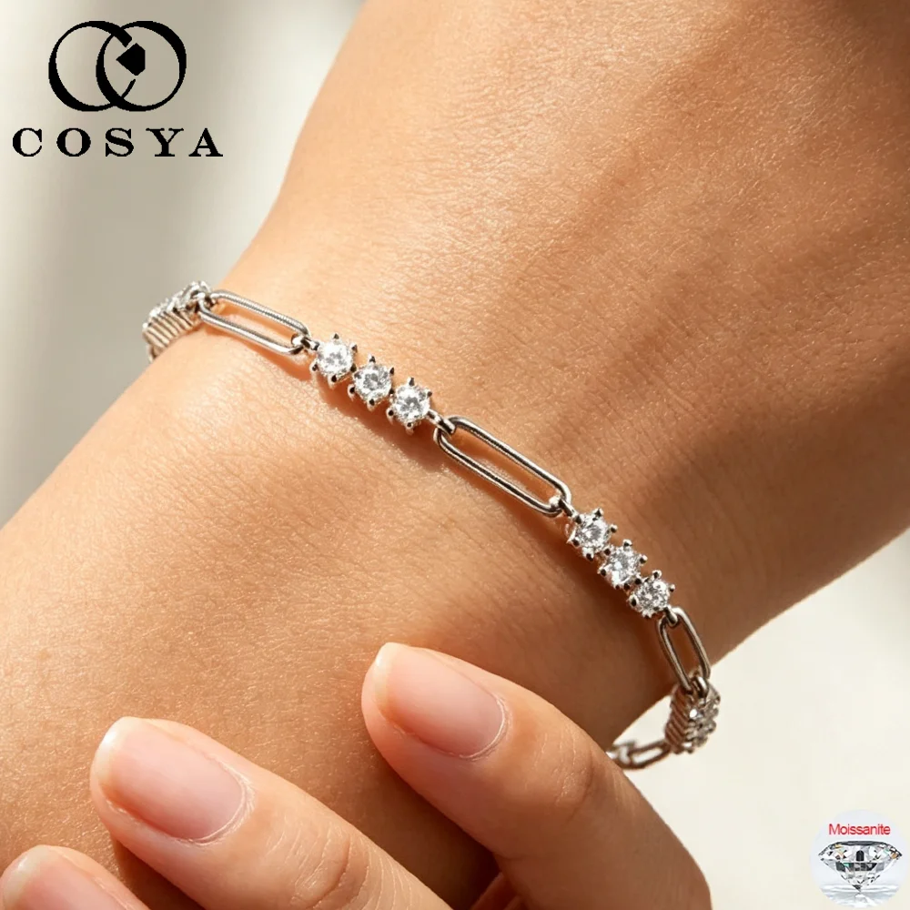 COSYA 3mm Full Moissanite Bracelets For Women 100% S925 Silver D Color VVS Lab Diamond Hand Chain Sparkling Fine Jewelry Gift