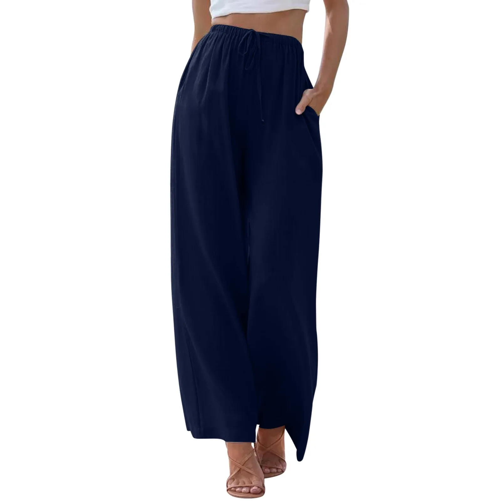 Women High Waisted Wide Leg Pants Fashion Drawstring Elastic Trousers Comfy Straight Trousers Beach Party Casual Palazzo Pants