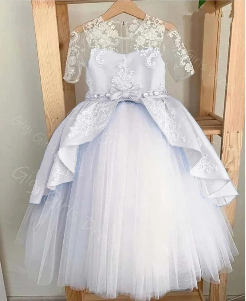 Vestido de niña de flores realimado para boda 2-14 niños vestido de comunión de manga corta con cuello transparente y fajas de cristal personalizado