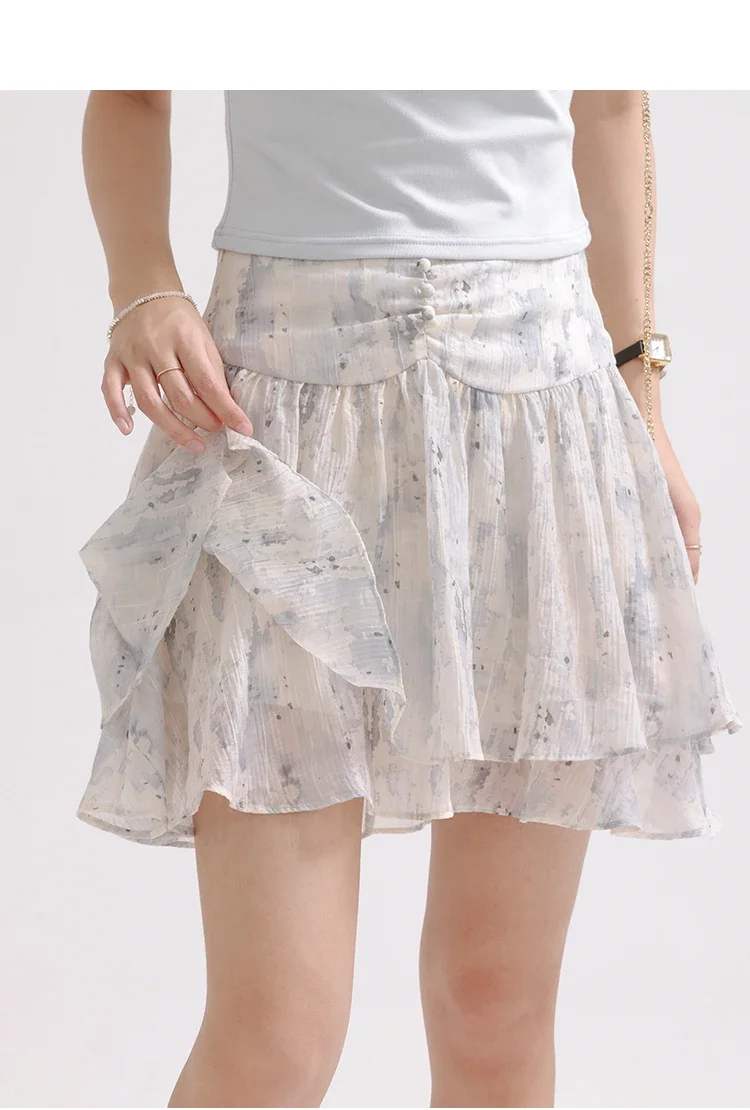 Watercolor Print Chiffon Skirt Women Summer High Waist Double Layer Hem Mini Skirt Casual Flowy A-line Pleated Skirt Light Blue