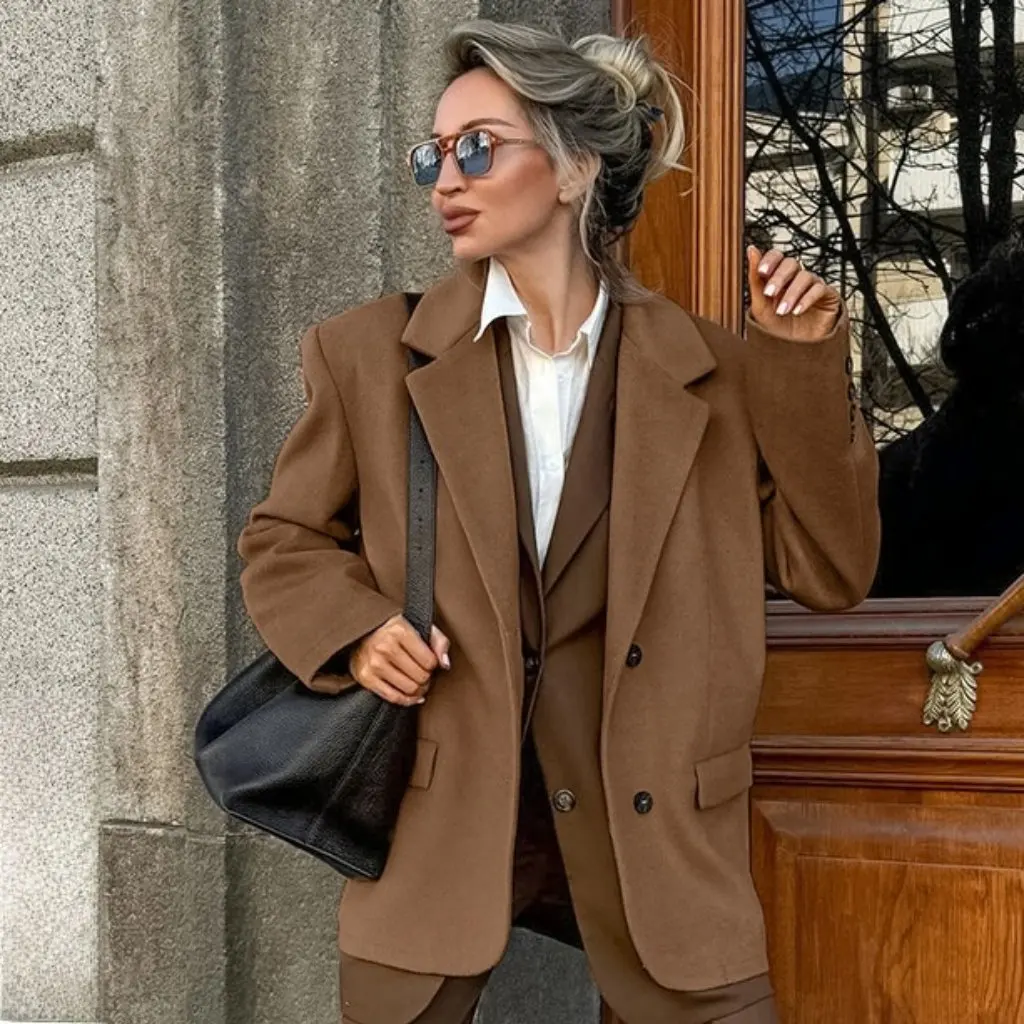 

Retro British Style Loose Woolen Brown Suit Jacket for Women Autumn Winter Fashion European American Maillard Clothing