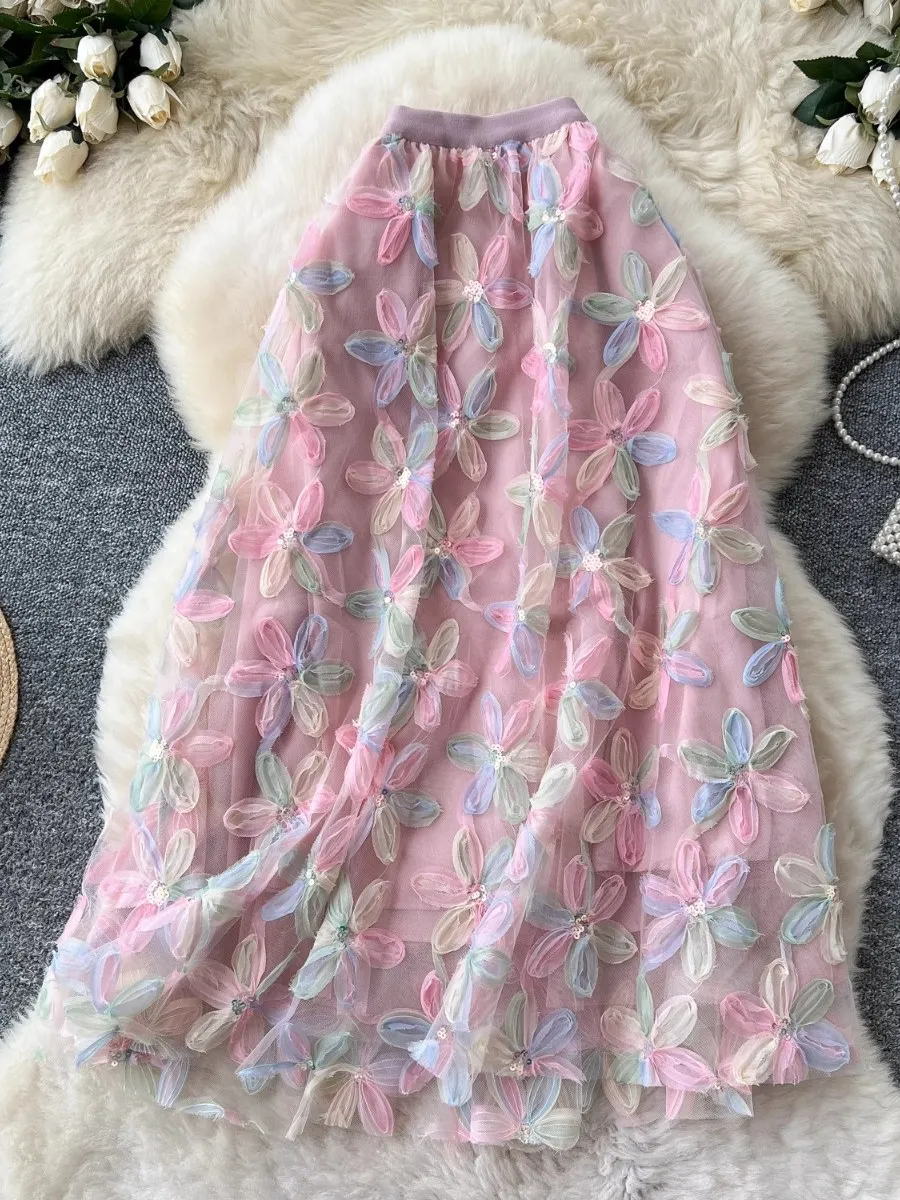 Foamlina الفرنسية رومانسية شبكة تنورة المرأة الصيف مرونة الخصر ثلاثية الأبعاد الأزهار ألف خط رائع طويل نصف تنورة Holdiay التسوق