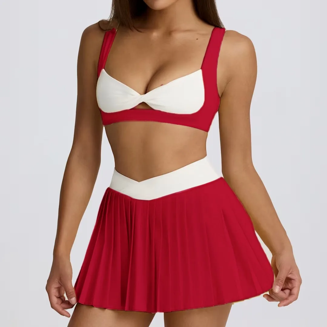 

Women 2 Piece Color Block Twist Front Crop Top & Crossover High Waist Pleated Mini Skirt Set Sexy Tennis Golf Outfit