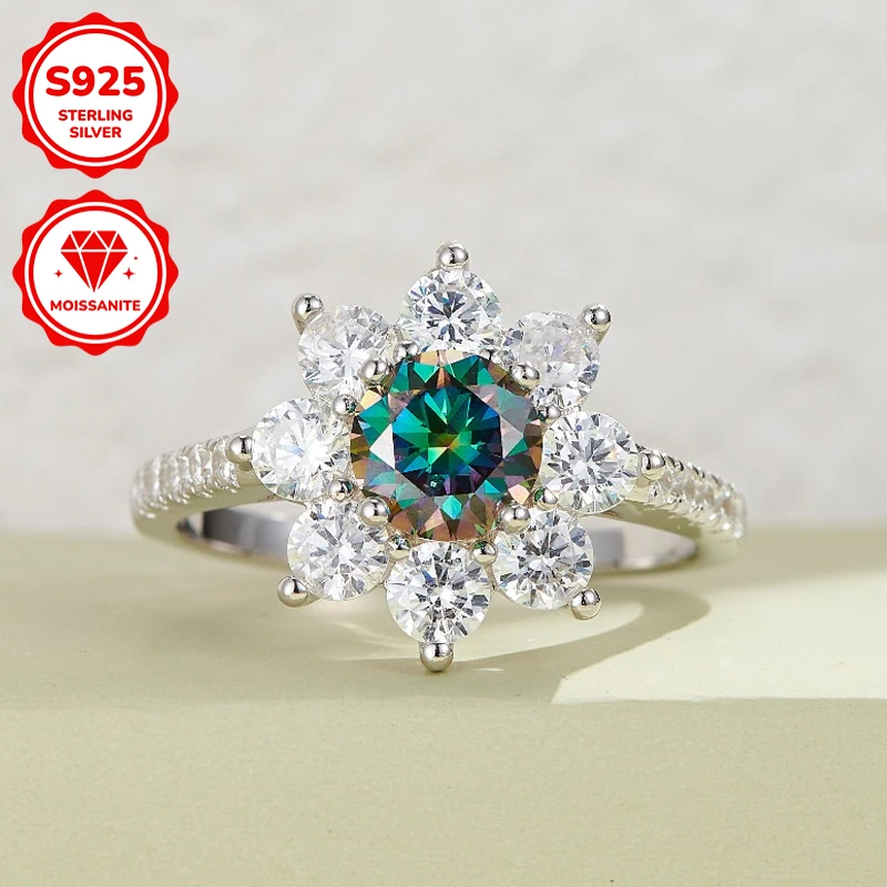 

1pc 1.0Carat Sunflower Colorful Green Moissanite Ring, Engagement and Marriage Promise - Romantic Ring.