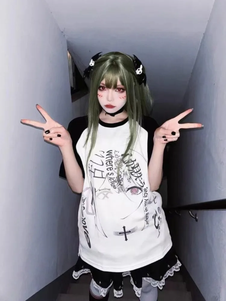 

QWEEK Gothic Goth Harajuku Anime T Shirt Sweet Y2k Manga Print Emo Grunge White Short Sleeve White Tees 2025 Spring Summer