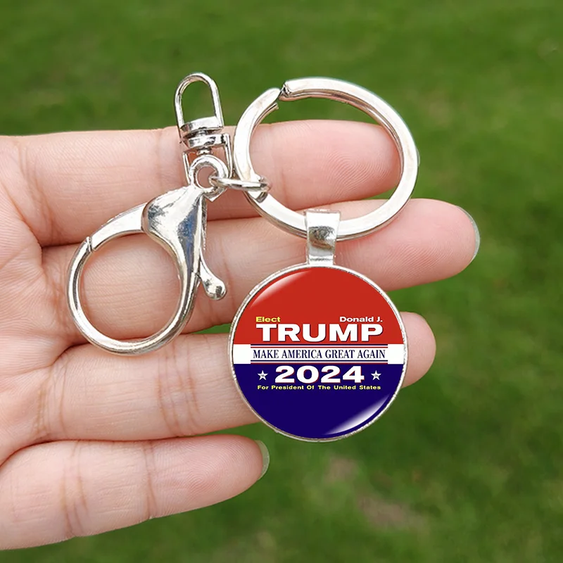 Key Chain Trump Flag 2024 Make America Great Again Glass Pattern Handmade Lobster Clasp Pendant Key Ring for Supporter Gift