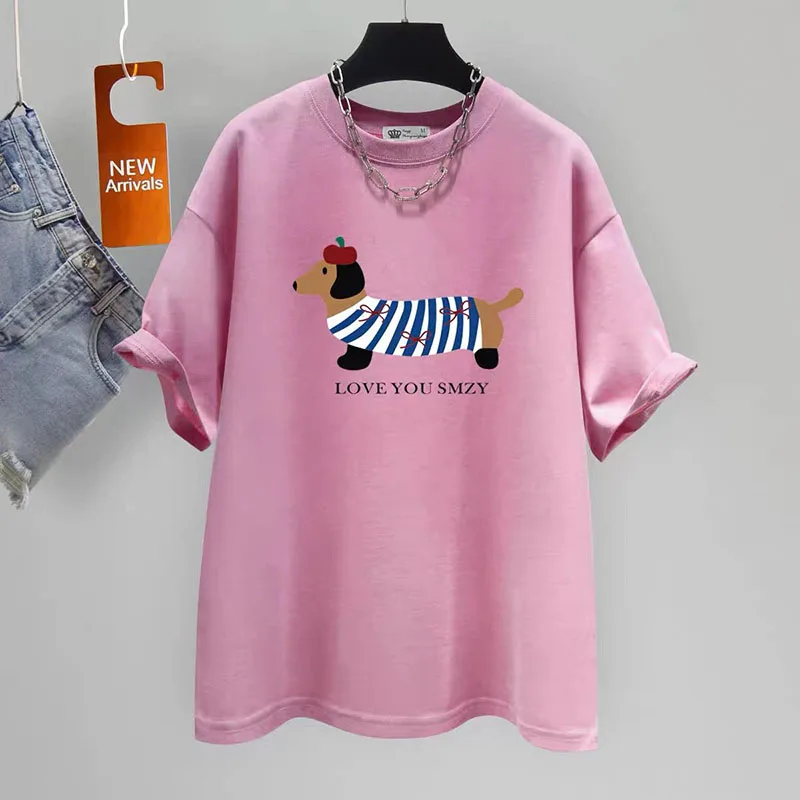 Women\'s Clothing Fashion Puppy Print Cotton T-shirt Summer Elegant Chic Basic Short Sleeve Top Tee Office Lady Loose Pullovers