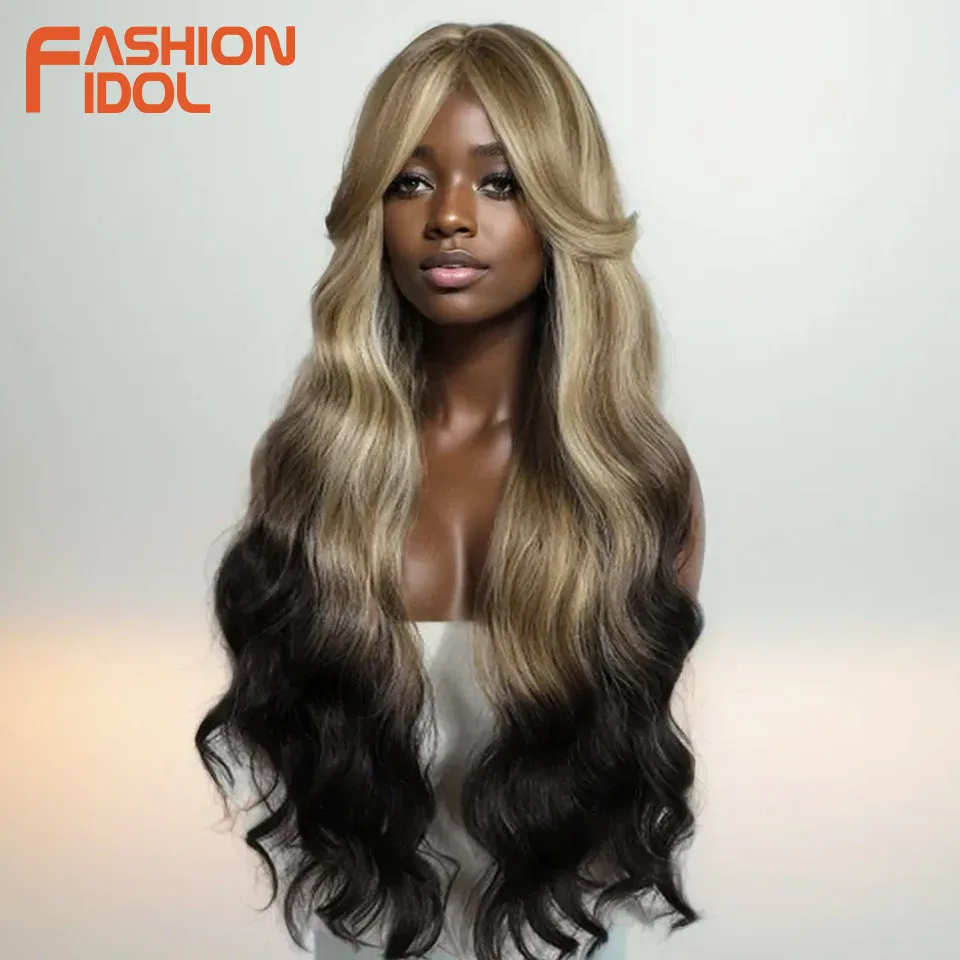 Perruques Lace Front synthétiques Body Wave pour femmes noires, Ombre, Arc-en-ciel, Sans colle, Baby Hair, Cosplay, At, 34"