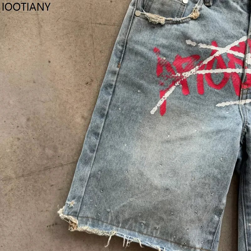 Y2k Retro Graffiti Print Rhinestone Denim Shorts For Men And Women Harajuku Washed Wide-leg American Loose Hip-hop Short Jeans