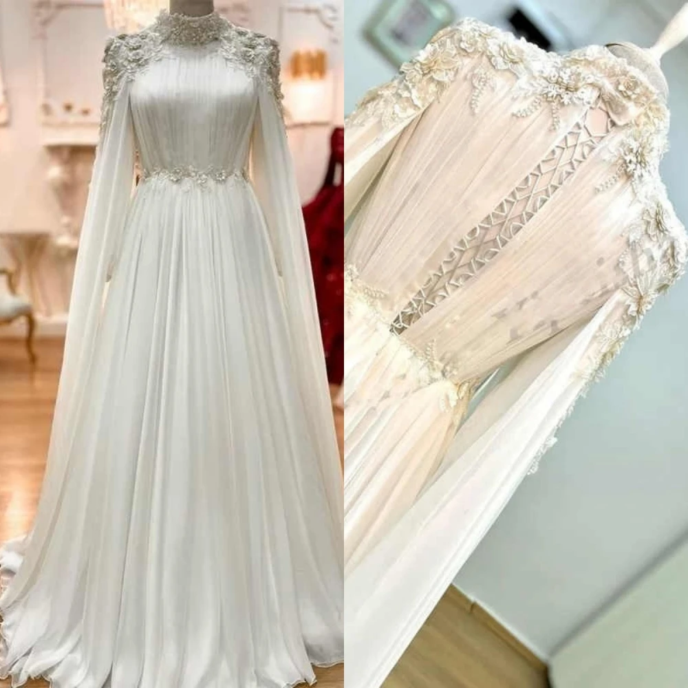 

Customized Elegant Formal Luxury Charming Modern Wedding DressesWhite Chiffon Applique Pearl High Collar Off-the-shoulder Dress