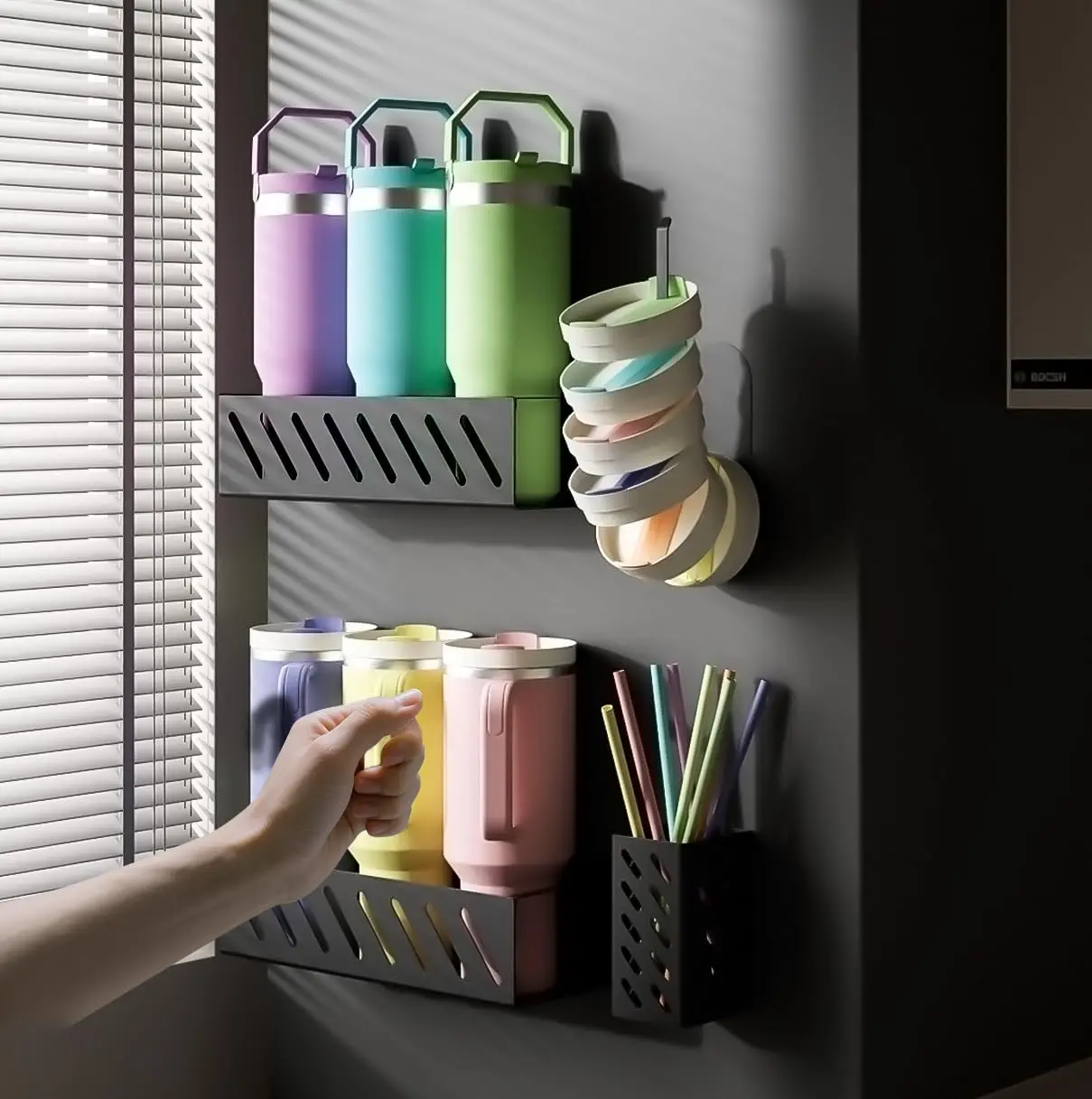 

Magnetic Cup Organizer for Stanley Tumblers, 2-Pack Holder with Lid & Straw Storage, Fridge-Friendly (Black)