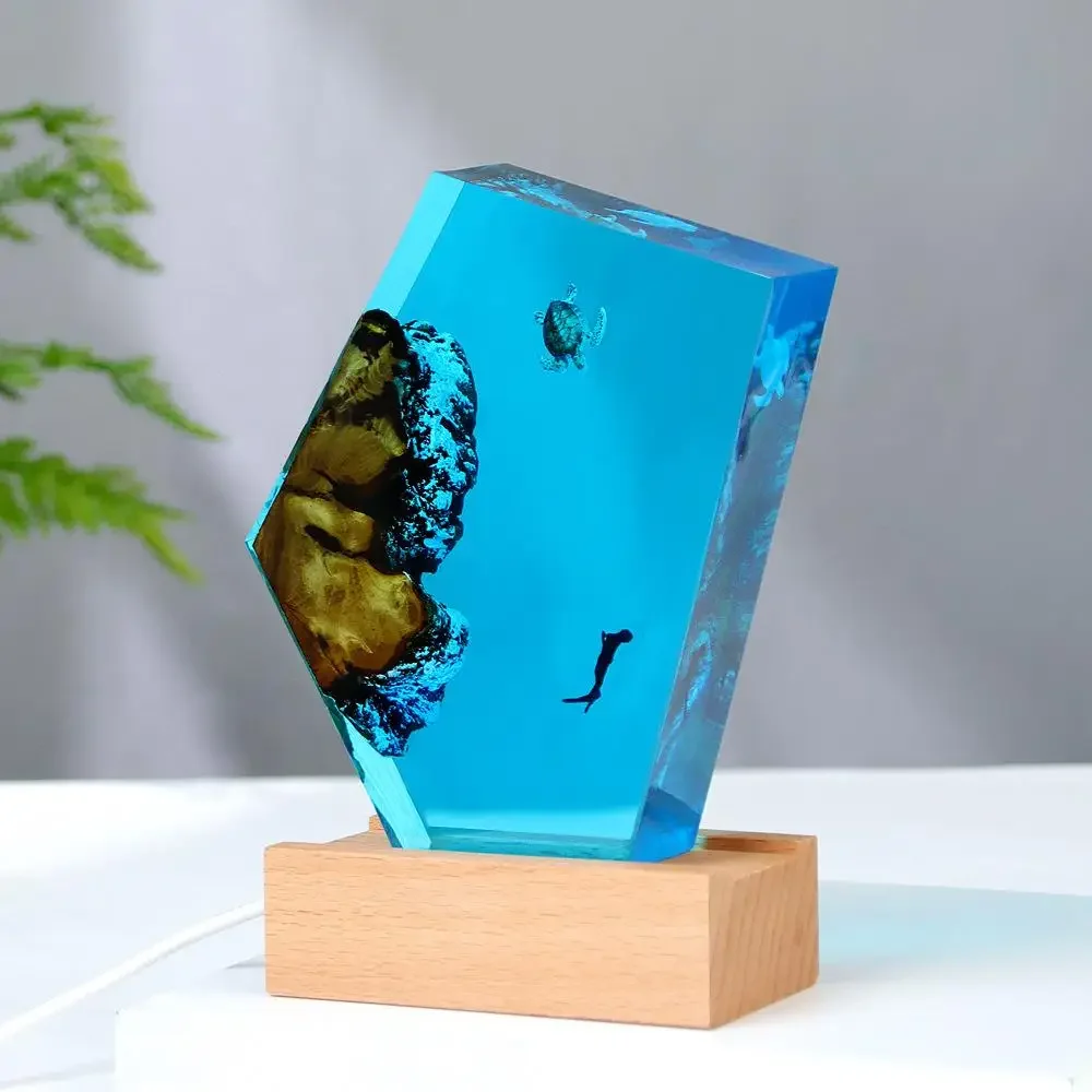 ocean micro landscape solid wood resin lamp ornament