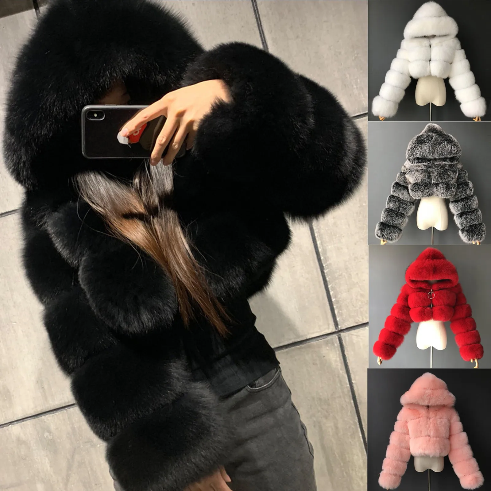 Winter Furry Cropped Faux Fur Coats Jackets Women Fluffy Top Coat Hooded Straight Short Winter Fur Jacket Fashion Streetwear New