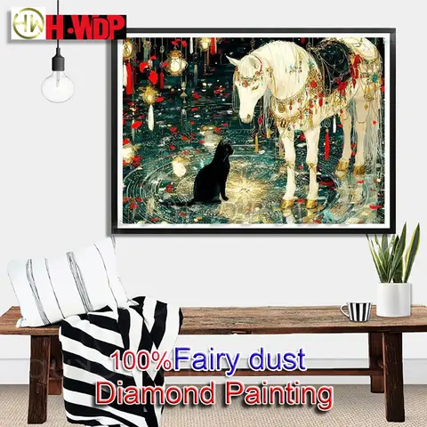Black Cat 100% Fairy Dust Diamond Painting Horse Square Diamond Embroidery Animal Cross Stitch Diamond Art Full Crystal Decor