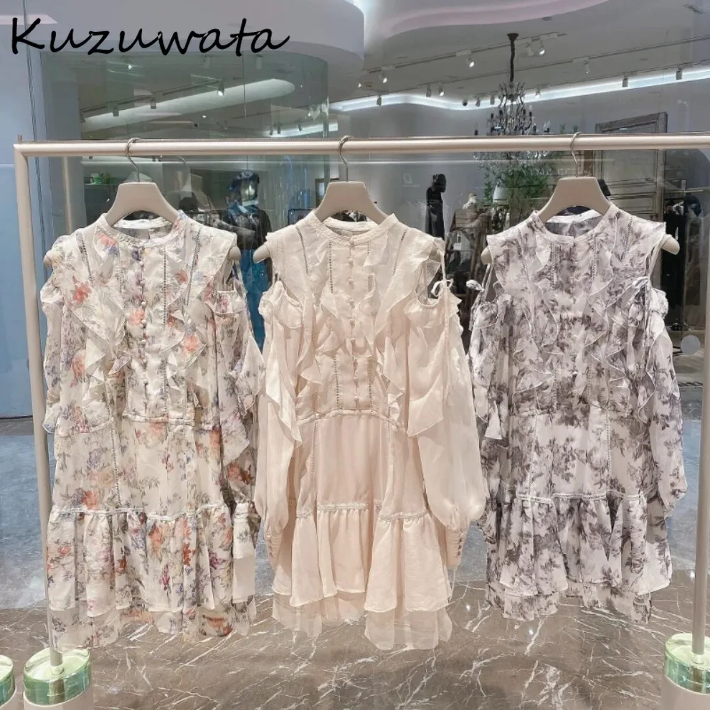 Kuzuwata New O Neck Lantern Sleeve Sweet Vestidos Off Shoulder Print Ruffles Patchwork Robe Japan New Lace Up Slim Fit Dress