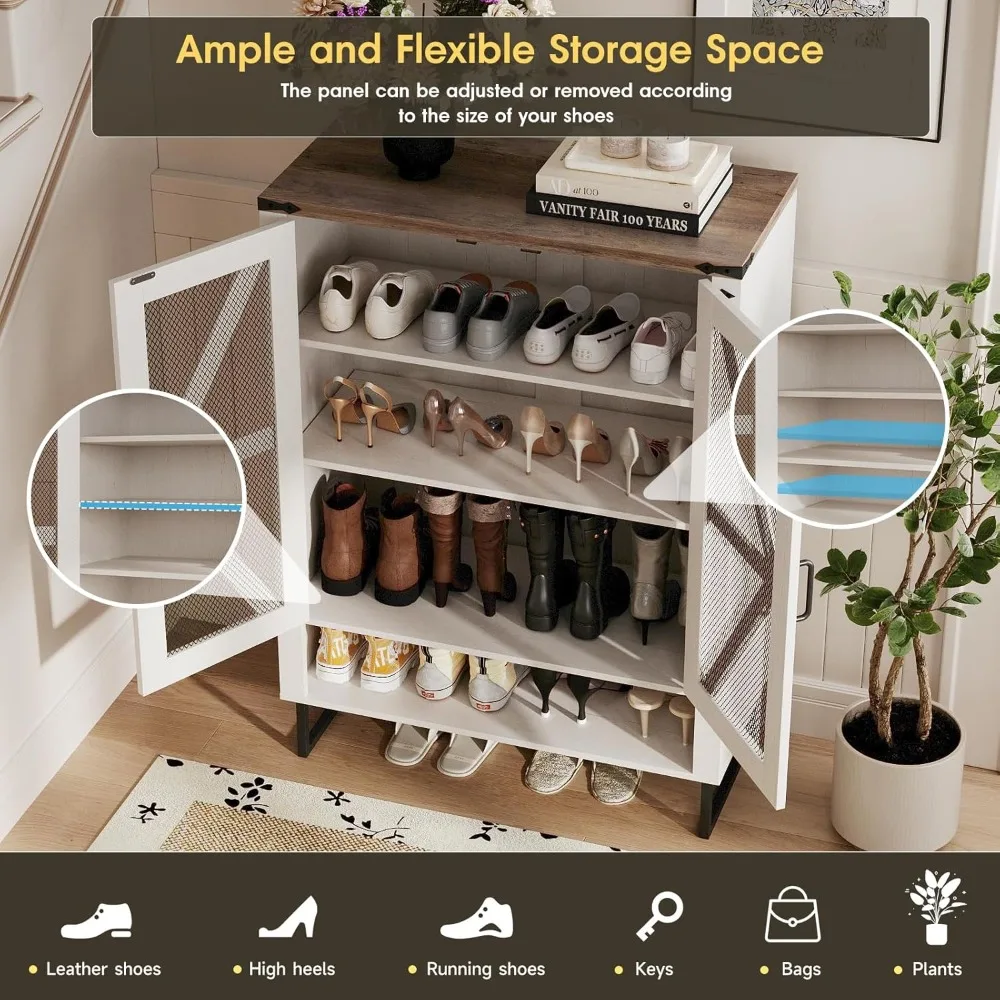 Sapateira Farmhouse com Portas, 6-Tier Shoes Rack, Organizador de Armazenamento com Prateleiras Ajustáveis e Pernas de Metal, Sapato Rústico