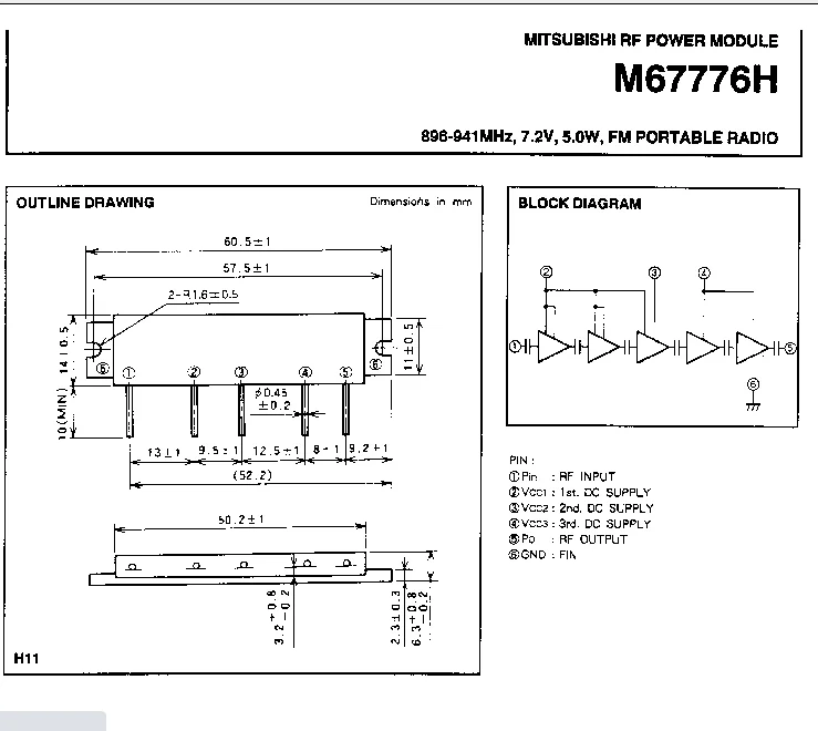 M67776H TO-59 Mitsubishi RF وحدة الطاقة 896-941MHz ، 7.2V ، 5.0W ، راديو محمول FM