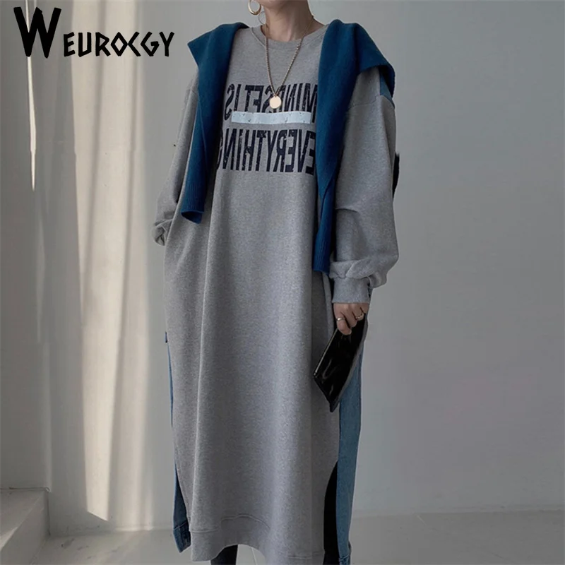 

2023 Autumn Korean Edition New Style Print Contrast Color Casual Round-Neck Lantern Sleeve Splice Denim Sweater Female Dress