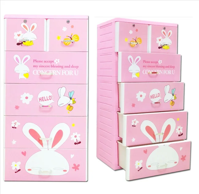 5 Layer rabbit designs children toys clothes plastic storage cabinet with locks and metal handle