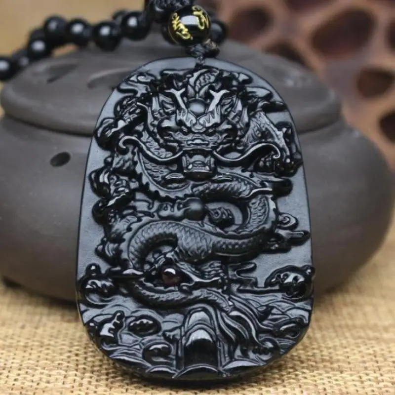 Obsidian Zodiac Simulation Dragon Carved Pendant Necklace Men\\\\\'s Lucky Trend Amulet Jewelry Gift Accessories