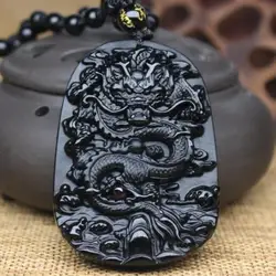 Obsidian Zodiac Simulation Dragon Carved Pendant Necklace Men\\'s Lucky Trend Amulet Jewelry Gift Accessories