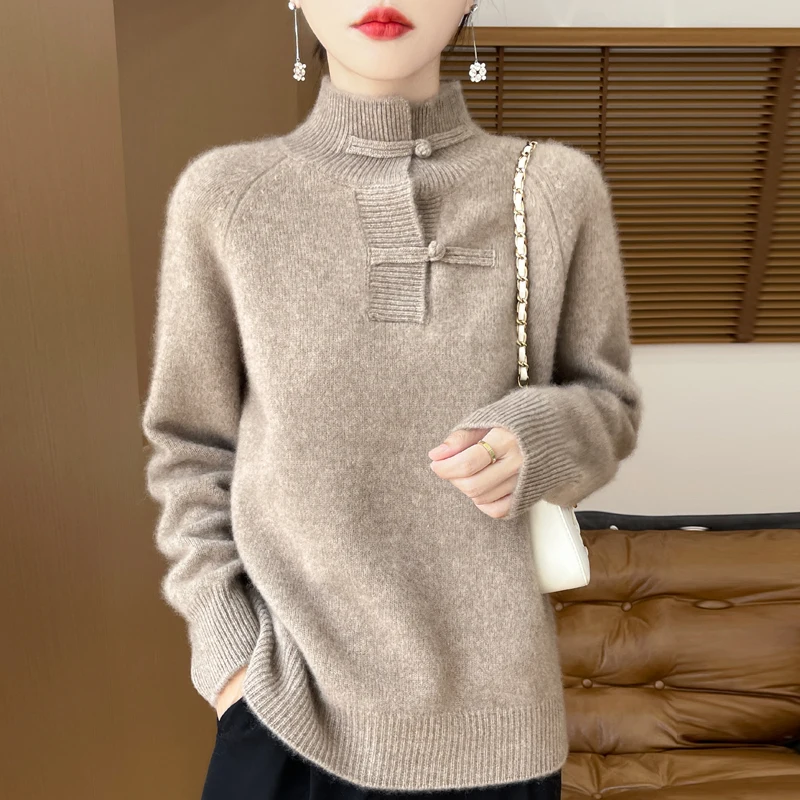 Autumn Winter 100% Pure Woolen Sweater Women\'s Vintage Half High Neck Loose Thickened Plate Button Pullover Versatile Foreigner