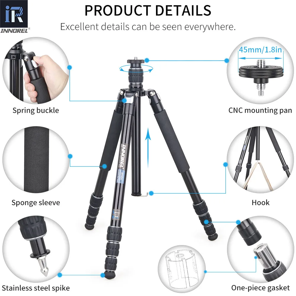 Imagem -04 - Innorel-professional Tripé Câmera Portátil Liga de Alumínio Viagens Monopé Fotográfica para Dslr Camcorder Stand 15kg de Carga Rt45a