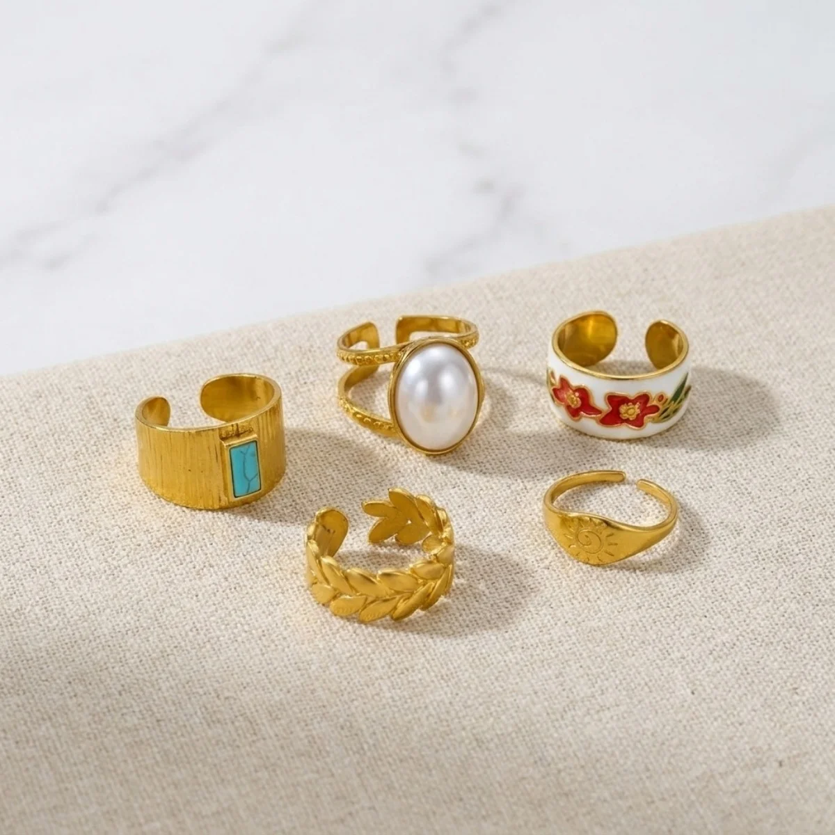 Edelstahl-Sonnen-Emaille-Blumen-Weizenblatt-Simulationsperlenringe für Damen und Herren, trendige, retro-inspirierte, geometrische Breitbandringe, Schmuck – Detail 20