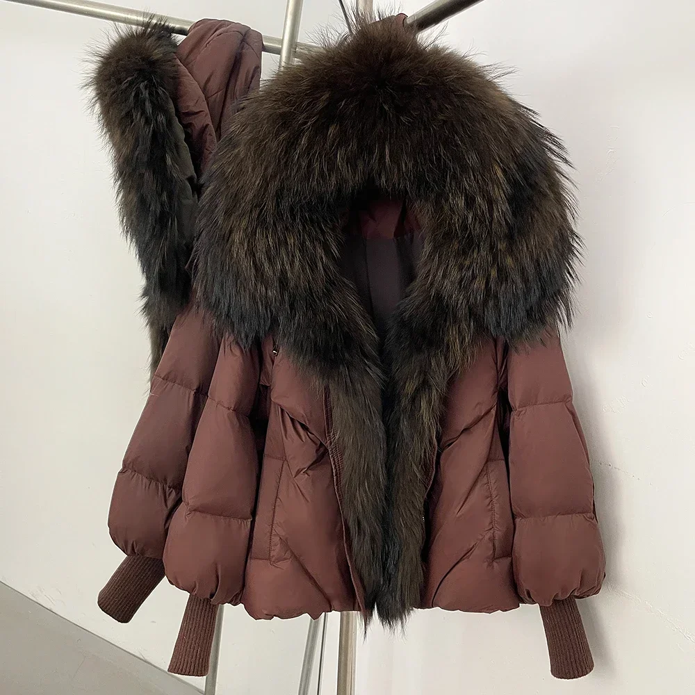 OFTBUY Neuer Wintermantel für Damen, Vollumhüllter Oversize-Mantel mit Echtfuchspelzkragen, Gestrickten Manschetten, Puffärmeln, Kurzer Daunenpuffermantel – Detail 23