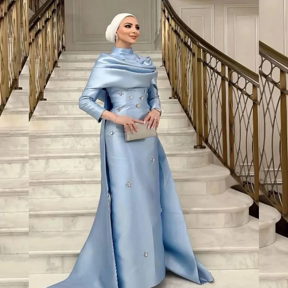 

Muslim Evening Dresses with Cape Long Sleeve High Neck Party Dresses Mermaid Modest Prom Dress Customized فساتين سهرة