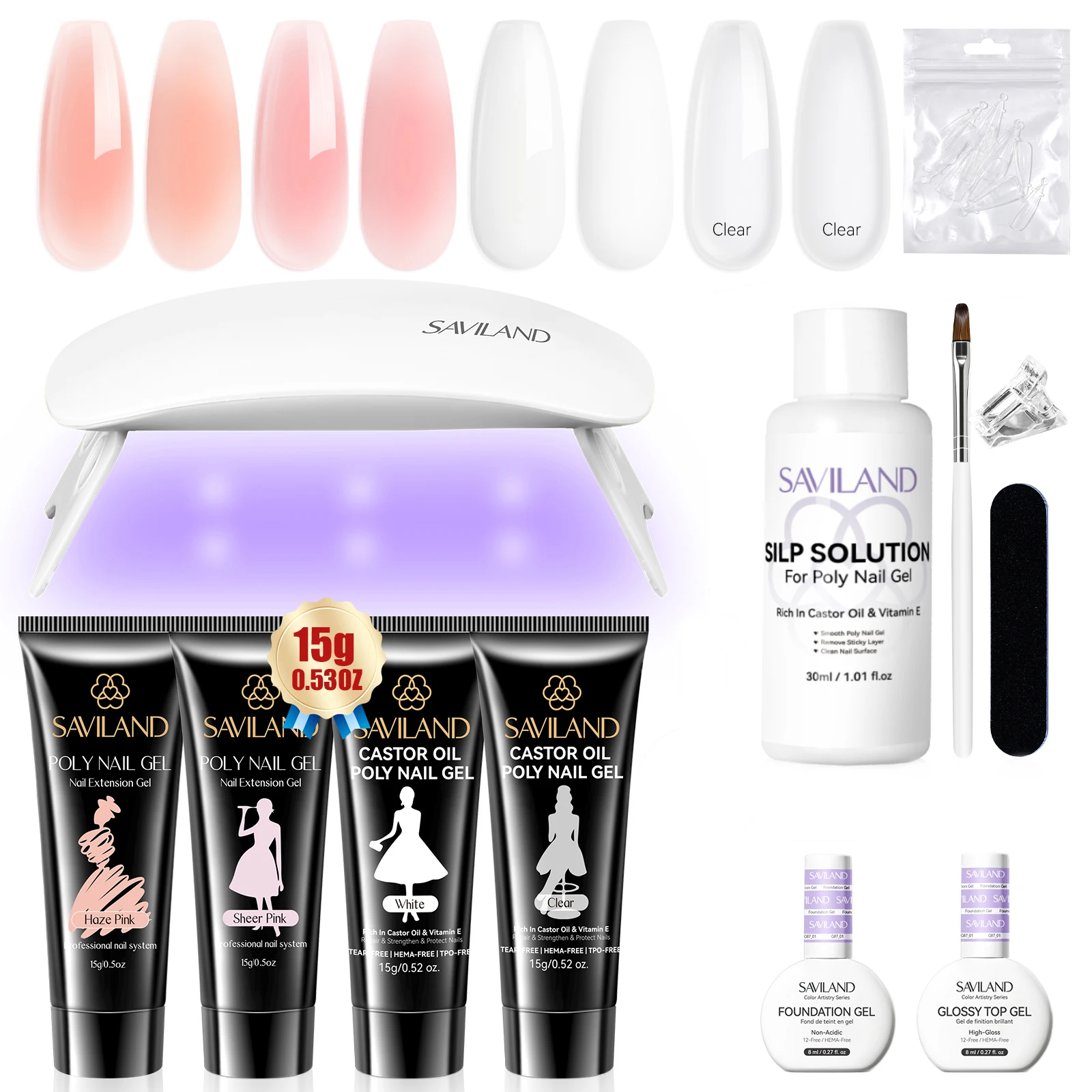 

SAVILAND All in One Poly Gel Nail Kit 4 Colors with UV Lamp & Slip Solution Quick Dry Nourishing 28 Days Lasting Salon Home DIY