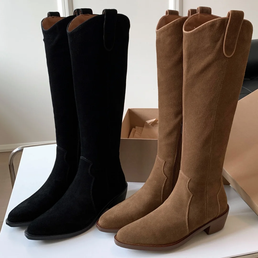 

Women's natural suede leather pointed toe side zip slip-on autumn knee high boots 4.5cm thick med heel casual female long boots