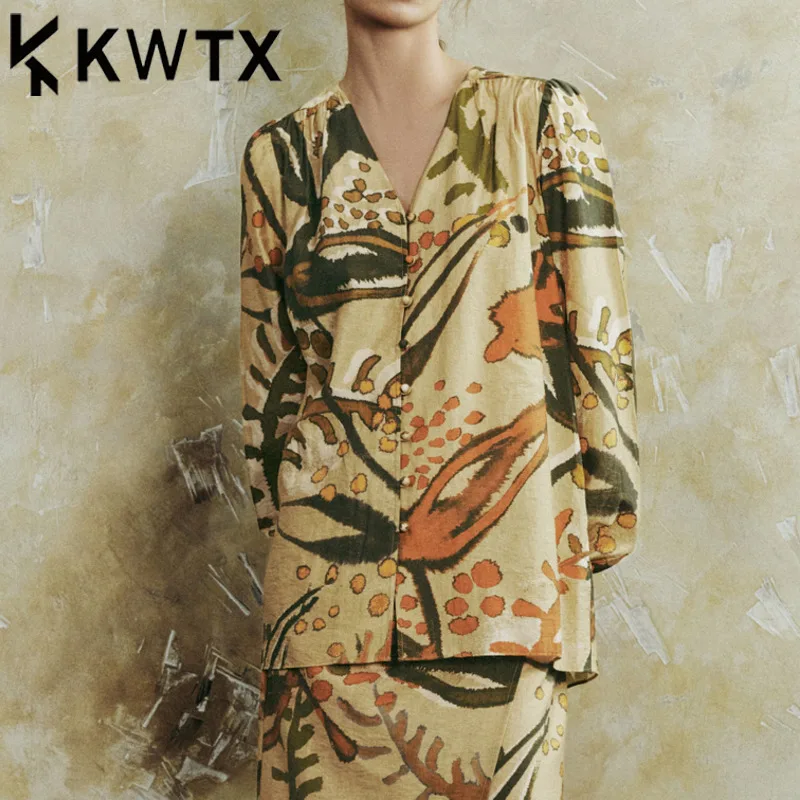 

KWTX Women's Color Block Printed Casual V-Neck Lantern Sleeve Shirt Jacket SS25 Spring Summer Elegant Luxury Design Chic