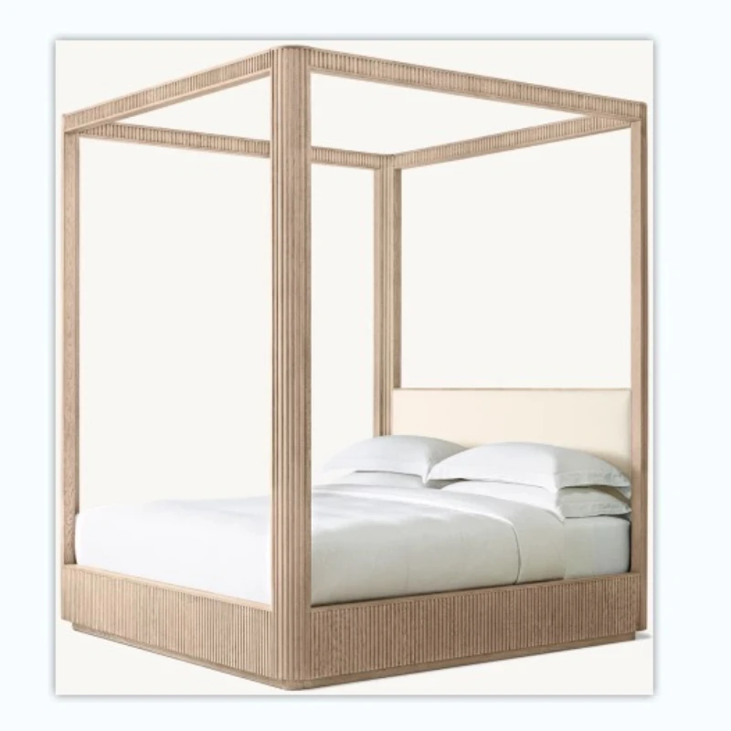 

American new retro country solid wood four-poster shelf bed, double bed villa luxury
