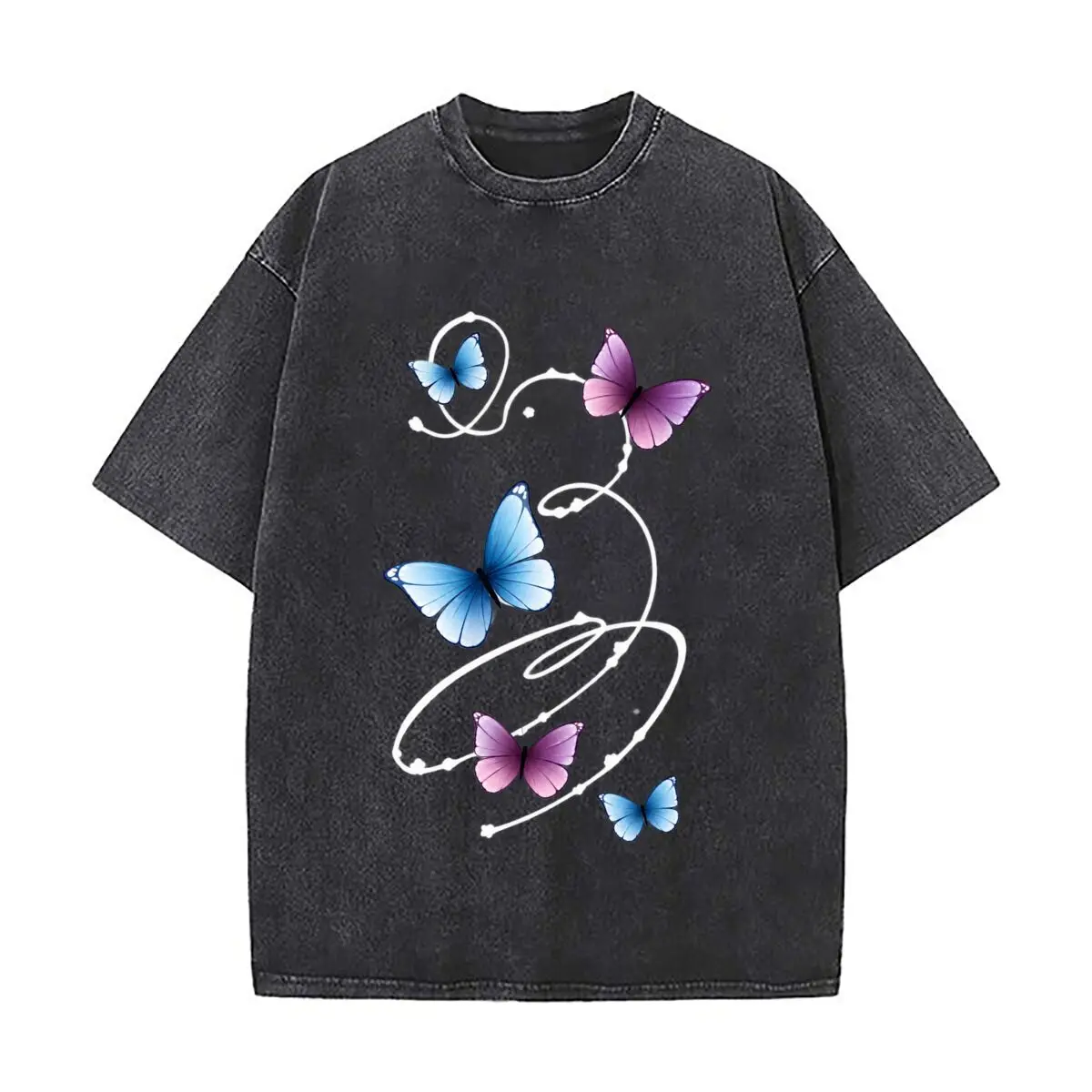 Blue Purple Watercolor Butterfly Garden Flight Illustration Vintage Distressed Loose Streetwear Tops