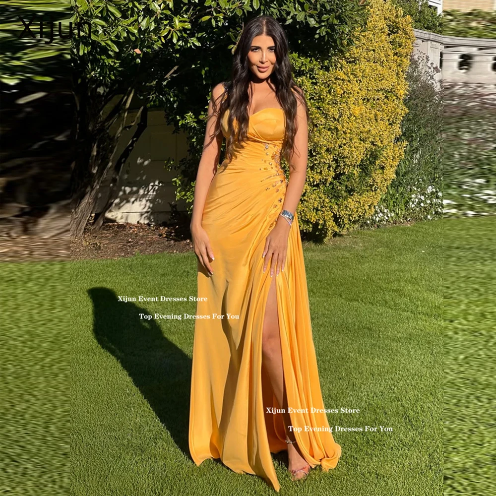 

Xijun Sexy Yellow Long Evening Dresses Sweetheart Sleeveless Split Formal Prom Dresses Pleated Saudi Arabic Prom Gowns Customize