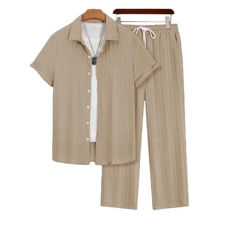 

Men's Pleated 2-Piece Set Short Sleeve Shirt Drawstring Pants Casual Summer Outfit