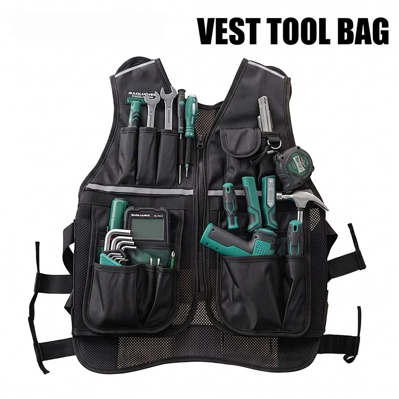 Multifunctional Tool Vest Breathable Mesh Work Vest with Reflective Strip Multi‑pocket Electrician Hardware Tools Storage Apron