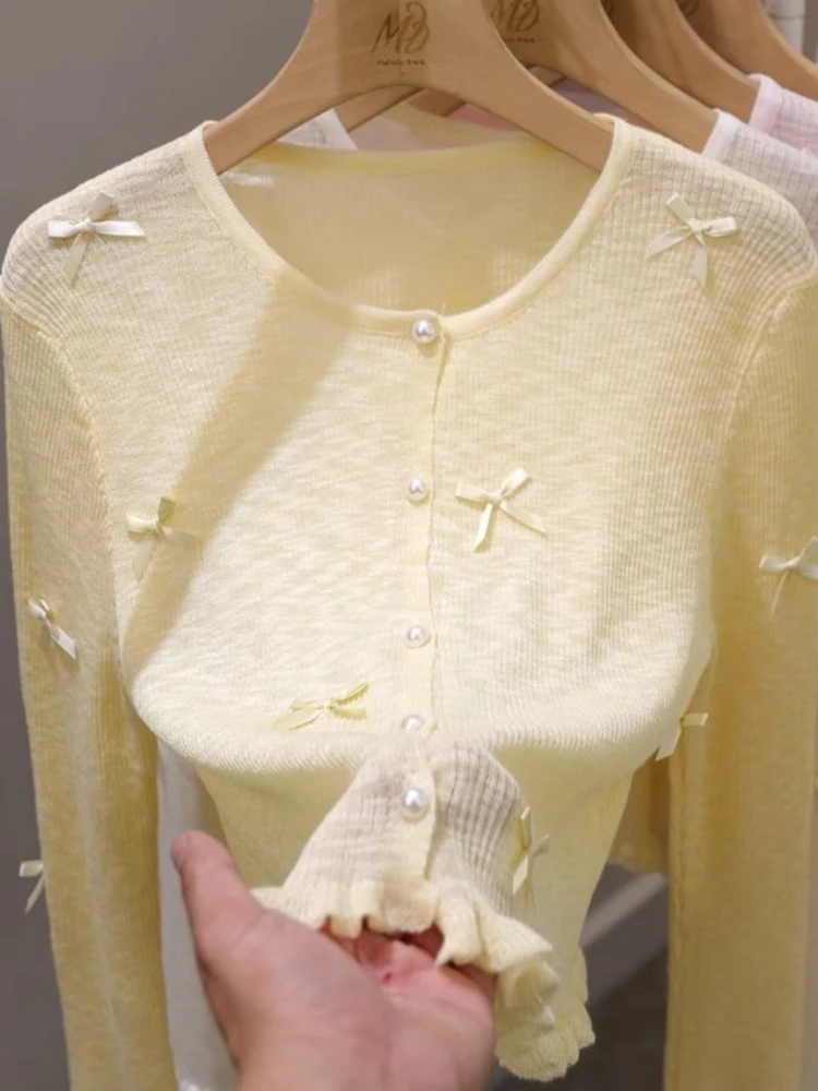 

Butterfly Ice Silk Sunscreen Cardigan Sweet Short V-Neck Long Sleeve Knitted Sun Protection Top Summer New Female Clothing