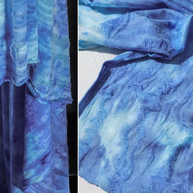 

Gradual Change Blue Jacquard Fabric Cloud Dye Elastic Knitted Tie Dye Knitted Sweater Skirt Clothing Designer sewing Fabric