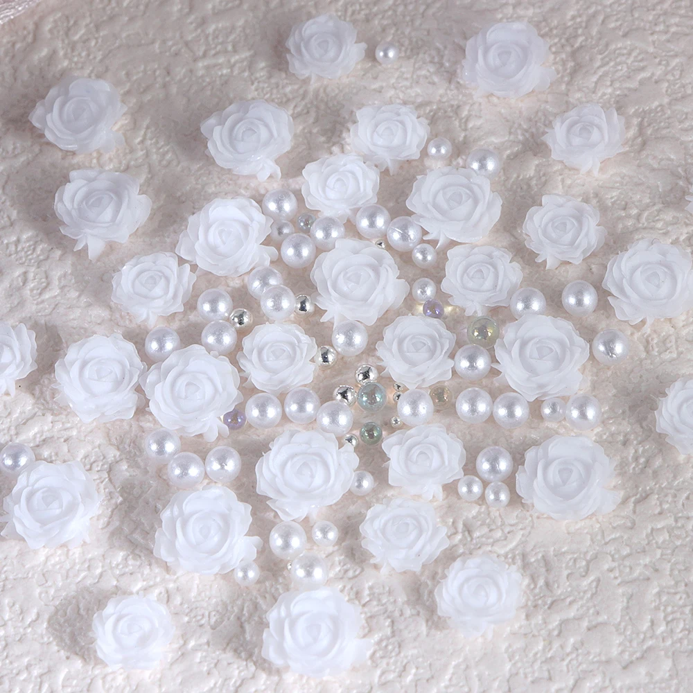 30 pcs White Rose Flower Reisn Filling Accessories Acrylic Flower With Pearls Mixed Steel Balls Spring DIY Jewelry Crafts Making